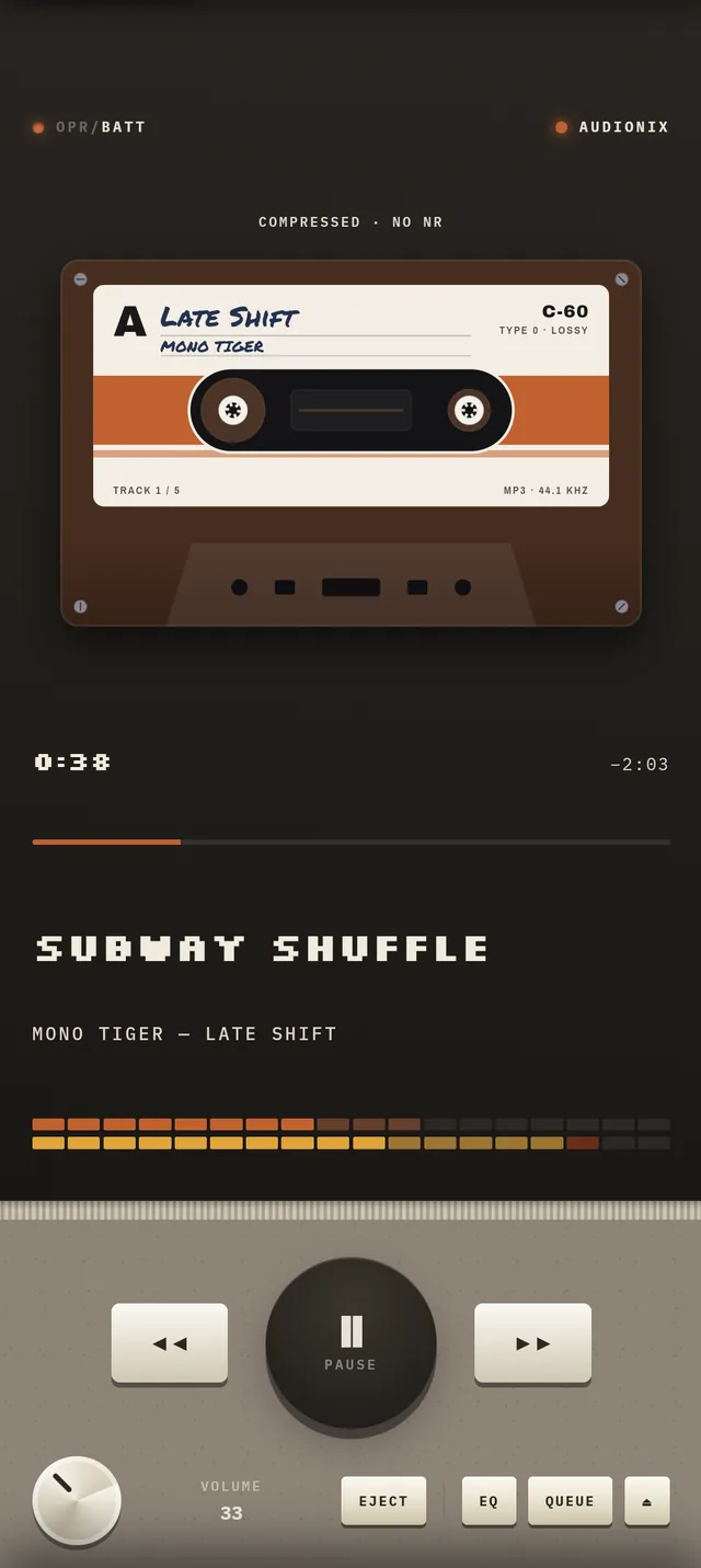 The Audionix cassette view: a full front-facing cassette with a handwritten-style label showing the title, artist, side A and C-60 tape length, above the progress bar, level meters and transport buttons.
