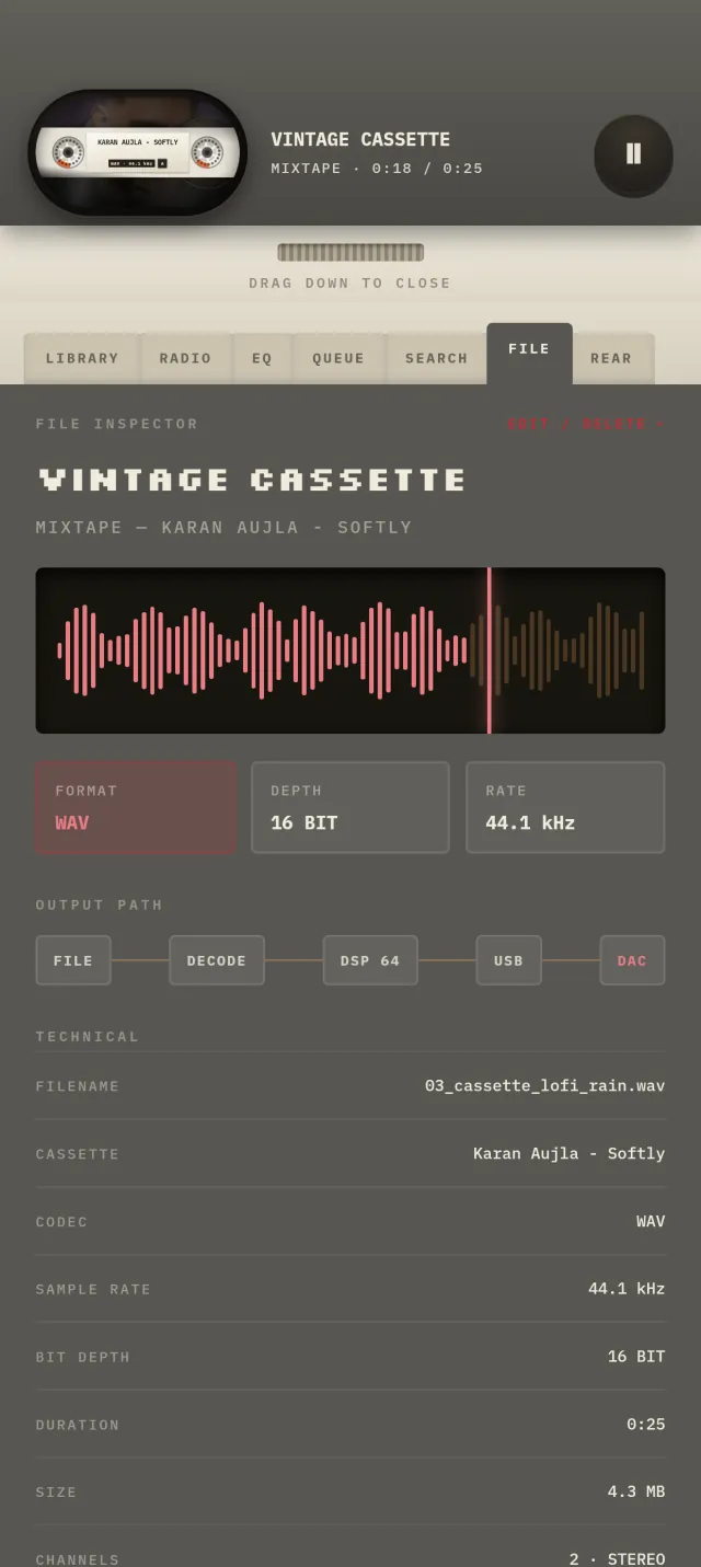 The Audionix file inspector: a waveform of the playing track above its format, bit depth and sample rate.
